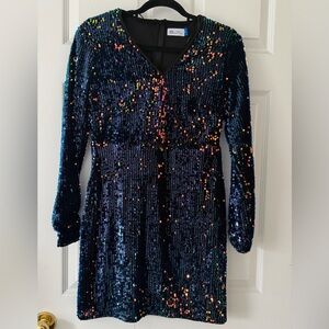 Sequin V-Neck Long Sleeve Dress in Navy with Multi-Color Accents